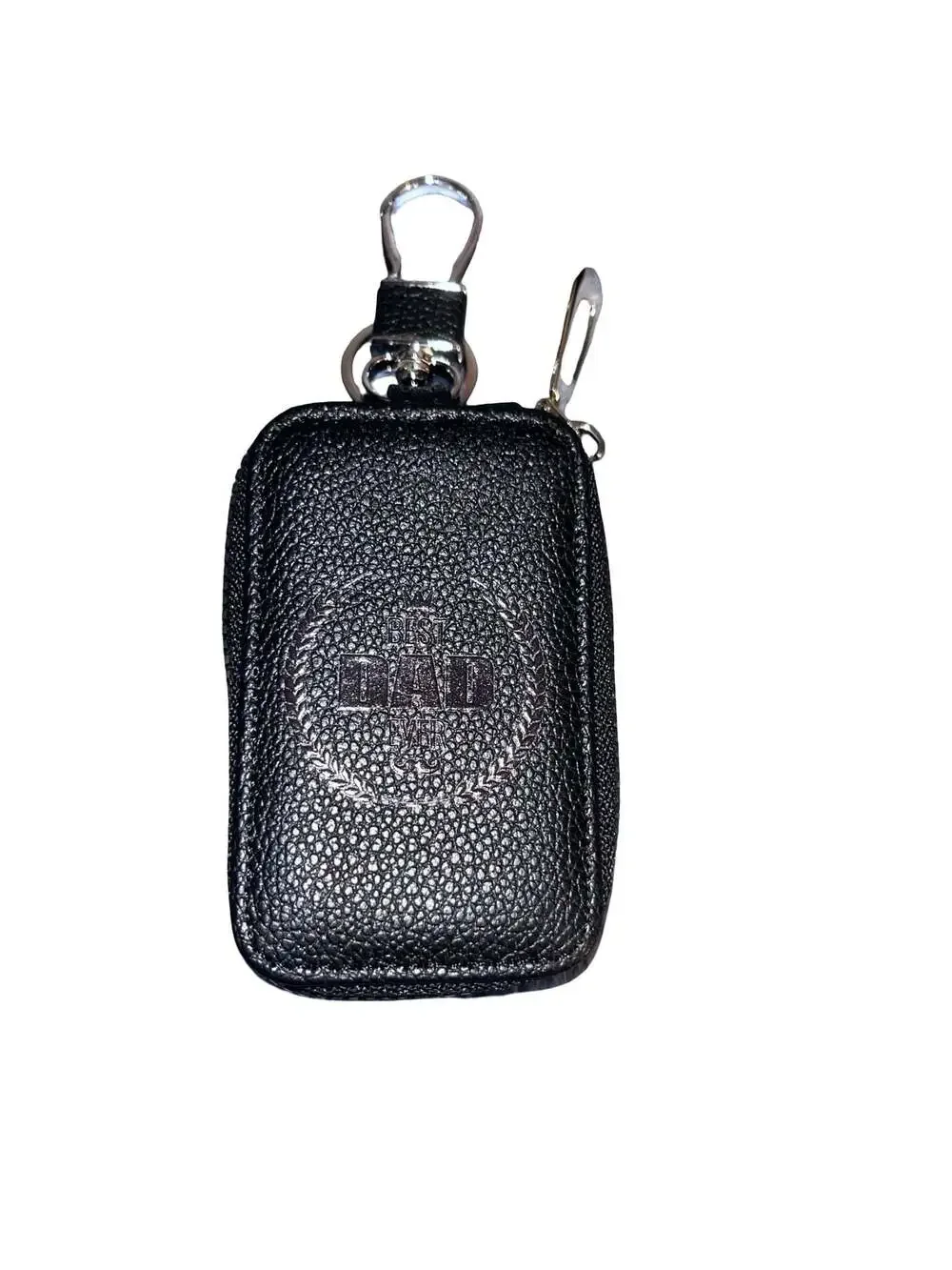 Best Dad Ever Embossed Black PU Leather Zippered Car Key Fob Holder Case